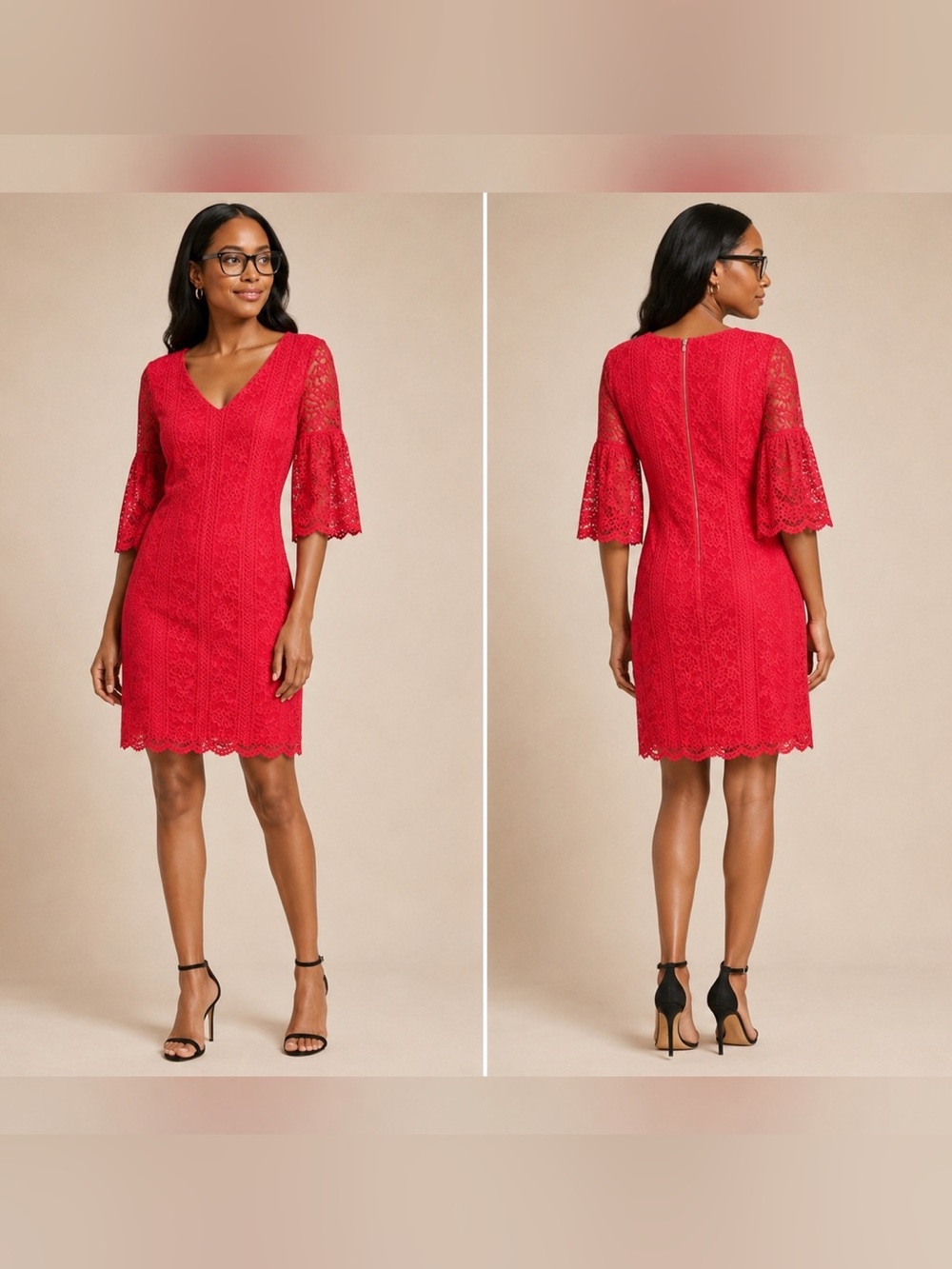 Gabby Skye Red Coral/Magnetta Lace V-Neck Shift Dress